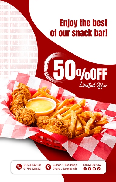 A vertical ad creative featuring a high-quality product shot of fried chicken and fries in a basket with a bold discount headline.
