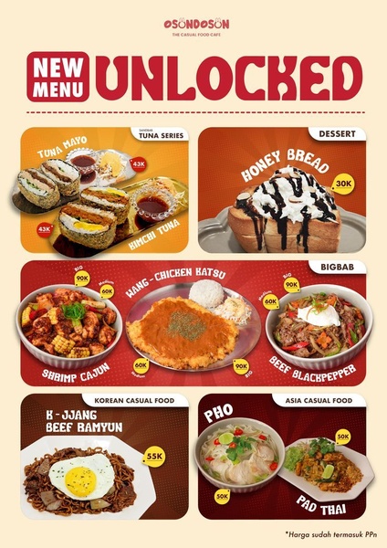 A structured menu promotion layout featuring multiple high-quality food photography shots to display a new collection of restaurant dishes.