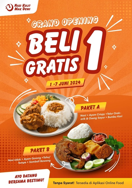 A high-contrast promotional flyer highlighting a buy-one-get-one launch offer for two distinct food meal packages.