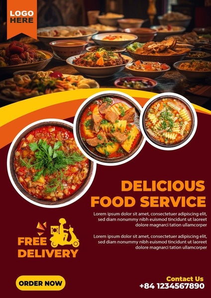 A 3:4 portrait food delivery ad showcasing multiple prepared dishes with a bold call-to-action for free delivery.