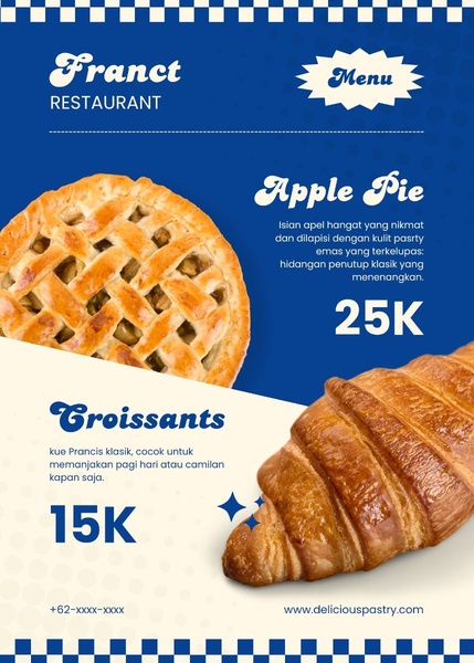 bakery menu, pastry menu, restaurant menu, croissant, apple pie, baked goods, cafe menu, brand awareness, sale promotion, modern typography, minimalist, playful, bold, blue, neutral, orange