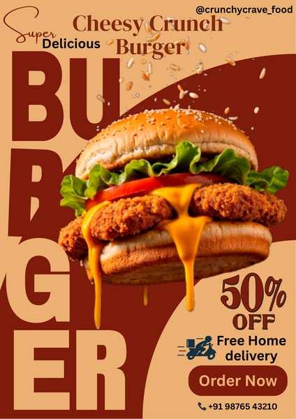 A 3:4 aspect ratio promotional graphic for a crispy cheeseburger, featuring bold typography, a discount offer, and a direct call to action.