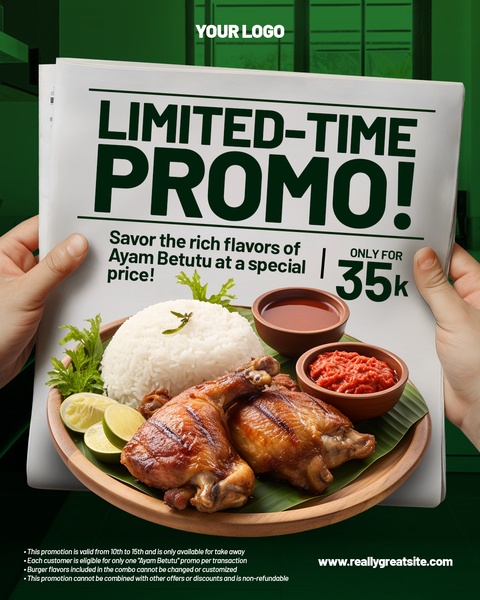 A top-down, clean product-focused ad creative featuring a local specialty dish with high-contrast text to highlight a specific, time-sensitive offer.