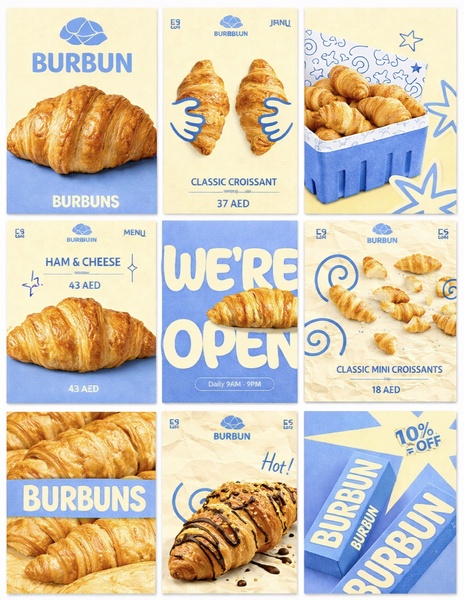 croissant, bakery pastry, french pastry, baked goods, pastry shop, breakfast pastry, brand awareness, product launch, minimalist, modern typography, playful, fresh, blue, yellow, neutral