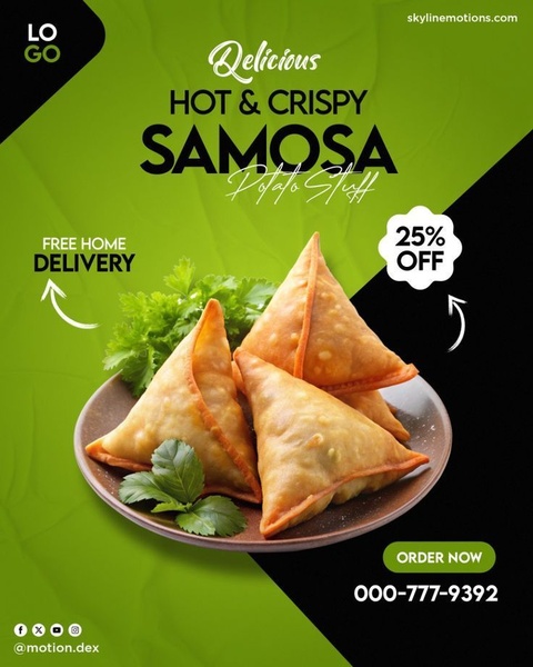 A high-conversion 4:5 ratio ad featuring a professional photo of crispy samosas with a 25% off promotion and clear order call-to-action.