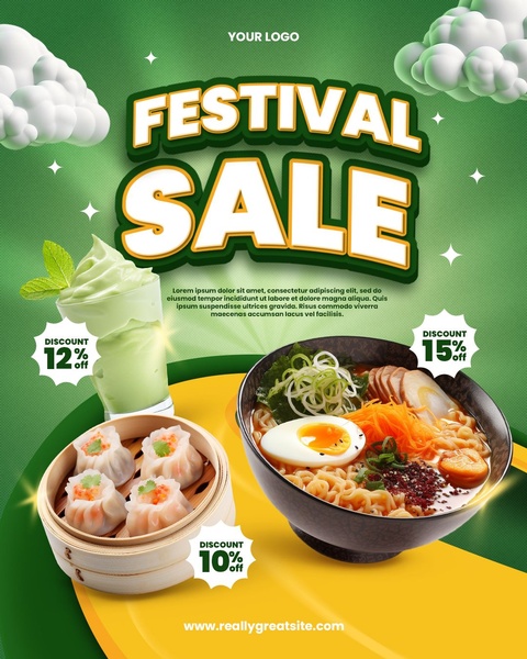 A 4:5 festival sale ad featuring three distinct food items with individual percentage-off discount bubbles.