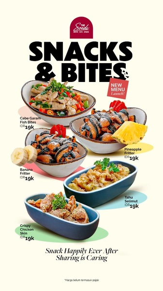 A 9:16 vertical social ad showcasing five distinct menu items with pricing to announce a restaurant's new snack line.