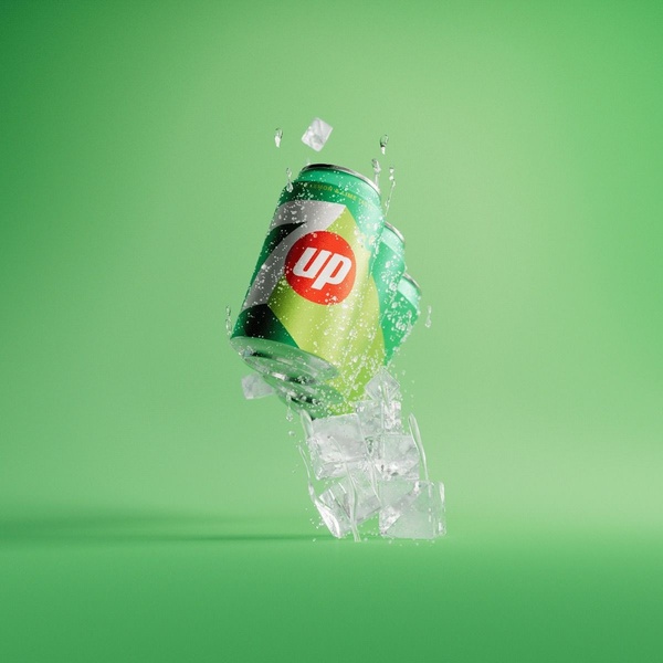 A high-fidelity studio shot of a soda can suspended mid-air, surrounded by splashes of water and scattered ice cubes against a solid green background.
