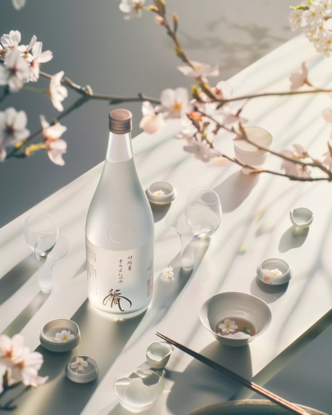 A sophisticated, top-down view of a glass bottle of sake surrounded by cherry blossoms and minimalist tableware on a clean white surface.
