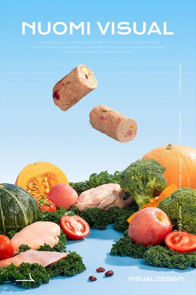 This ad creative uses a bright blue studio background to display raw pet food ingredients like chicken, vegetables, and fruit in a floating, airy composition.