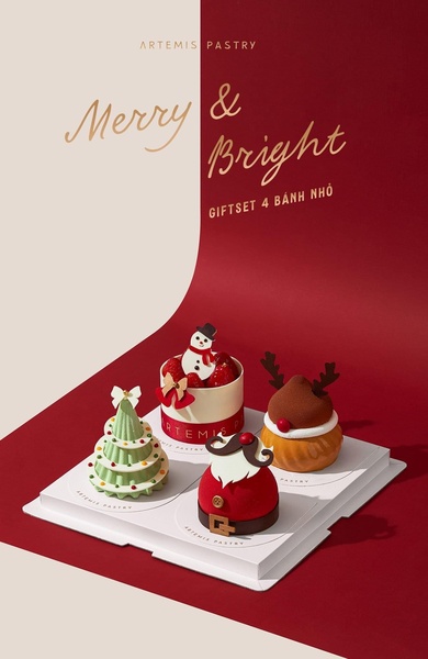 A high-end, studio-lit display of four festive holiday pastries arranged on a minimal white platter against a split red and beige backdrop.
