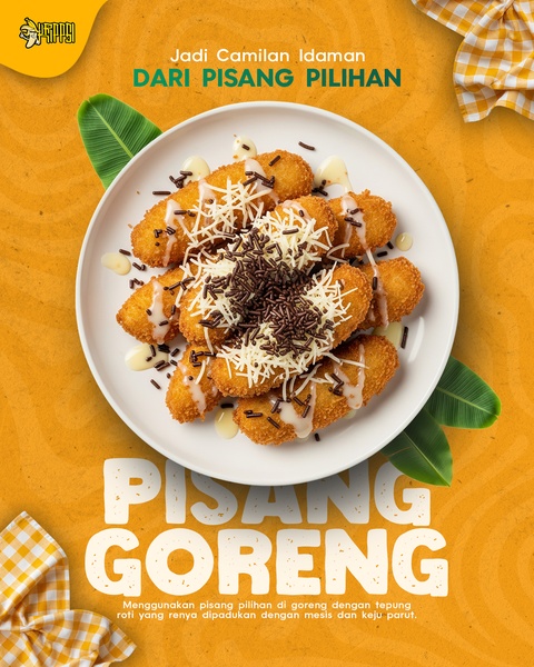 A top-down view of fried banana snacks topped with chocolate sprinkles and condensed milk, presented on a clean white plate against an orange background.