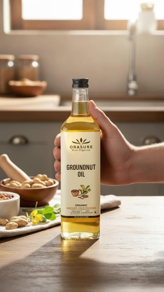A close-up, high-quality photograph of a hand holding a bottle of organic groundnut oil in a bright, rustic kitchen setting, emphasizing purity and natural sourcing.