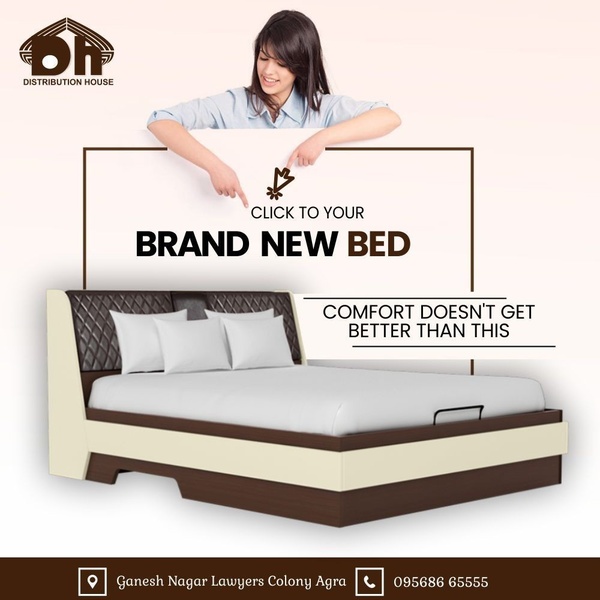 A clean, studio-lit ad creative for a modern bed featuring a person pointing to the product to direct viewer attention toward the call to action.