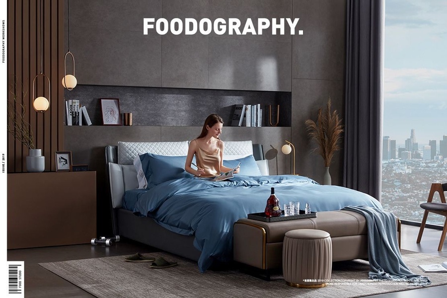 A high-end, cinematic-style bedroom advertisement showcasing a premium upholstered bed in a modern, sophisticated urban apartment setting.