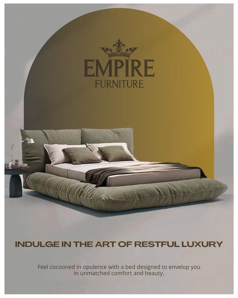 A sophisticated furniture advertisement featuring a low-profile, modern bed centered under an elegant architectural arch.