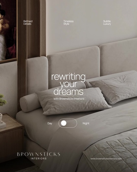A sophisticated, minimalist advertisement for an upholstered bed that uses a digital day-to-night toggle switch as an interactive visual hook.