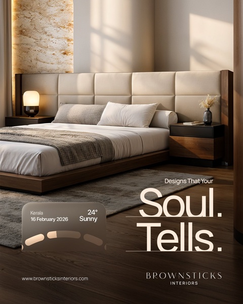 A high-end interior design ad featuring a minimalist modern bed setup with soft lighting and a bold, evocative headline.