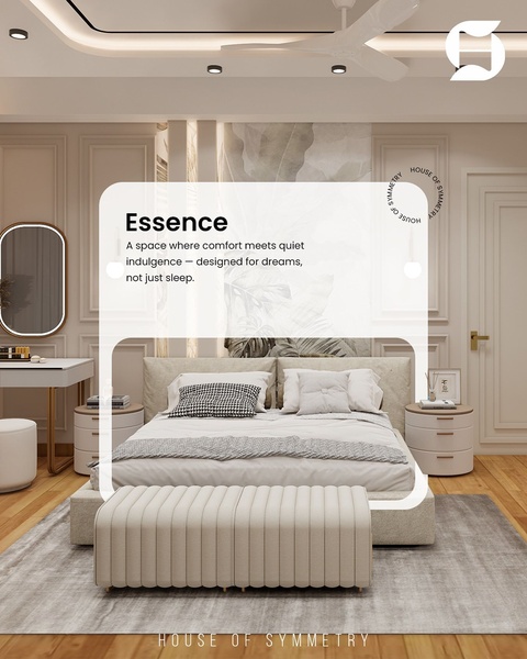 A high-end interior design visualization featuring a luxury bed frame with calming, neutral-toned aesthetics and a focused brand value proposition.