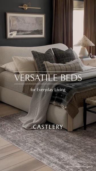 A high-end lifestyle shot of a modern upholstered bed in a moody, sophisticated bedroom setting, featuring overlay text that emphasizes everyday versatility.