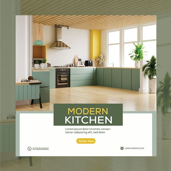 A high-quality, wide-angle interior shot of a modern kitchen featuring minimalist sage green cabinetry and natural wood ceiling accents.