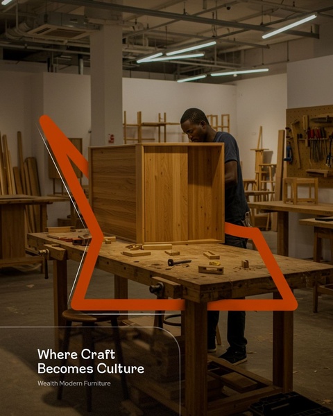 A high-quality image of an artisan in a workshop building a custom wooden cabinet, emphasizing the maker behind the product.