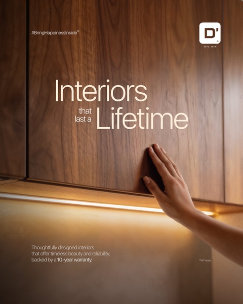 A close-up shot of a hand touching a wood-grain kitchen cabinet, emphasizing premium quality and durability through a 10-year warranty claim.