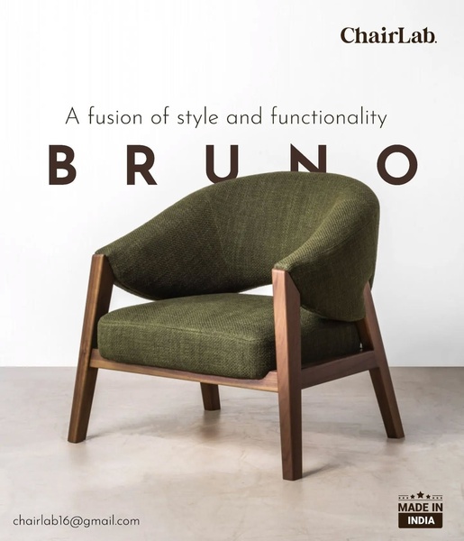 A clean, studio-lit ad creative featuring an olive green armchair with a wooden frame and minimal typography.