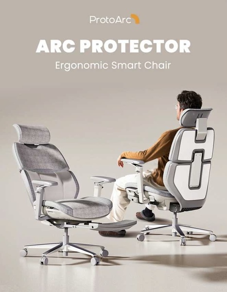 A clean, minimalist split-view shot showing an ergonomic smart chair from multiple angles to emphasize design and comfort features.