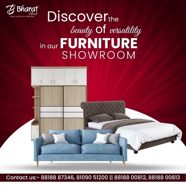 A clean, high-contrast furniture ad displaying a wardrobe, bed, and sofa against a bold deep red background with centered promotional text.