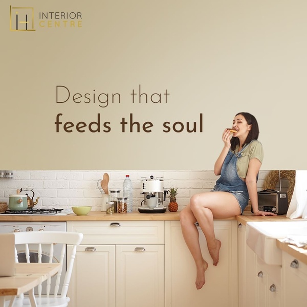 A high-quality lifestyle photograph featuring a woman in a bright, modern kitchen interior with minimalist text overlay highlighting emotional design.