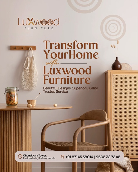 A clean, lifestyle-focused ad showing a wooden table and chair set, utilizing a soft color palette to create a warm and inviting atmosphere.