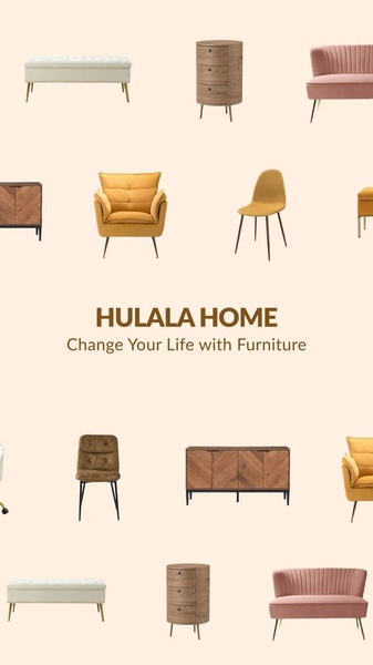 A clean, minimalist 9:16 layout featuring a curated selection of home furniture pieces against a neutral background.
