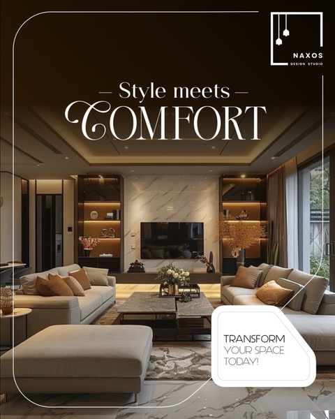 A high-end interior photography ad for modern living room furniture featuring neutral, elegant tones and professional staging.