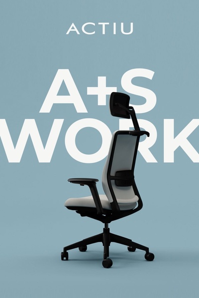 A clean, studio-lit office chair centered against a muted blue background with bold, integrated typography that highlights the product's workplace function.