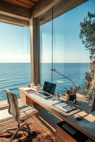 A high-end laptop workstation positioned against a floor-to-ceiling glass window overlooking a serene ocean view.