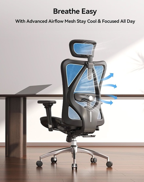 This ad creative uses a stylized airflow effect to highlight the cooling properties of a mesh office chair, focusing on user comfort.
