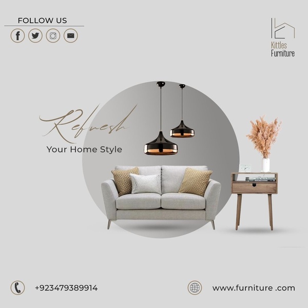 A clean, minimalist 1:1 ad creative showcasing a grey sofa, side table, and pendant lighting against a neutral backdrop.