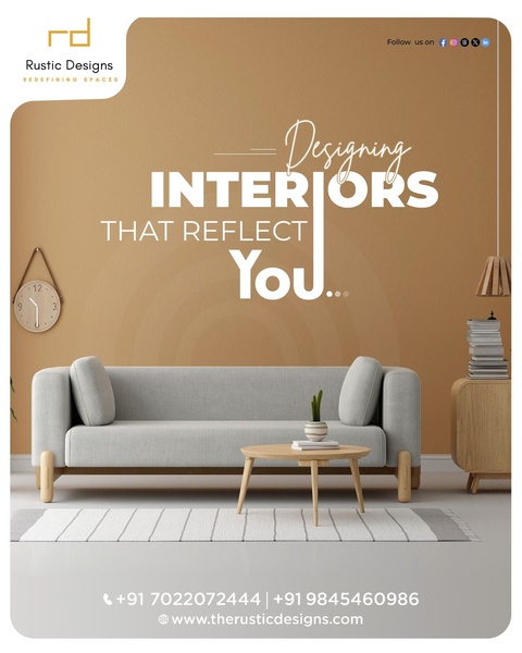 A clean, high-end 4:5 aspect ratio ad featuring a sofa and minimalist furniture, showcasing a bold brand promise through professional interior design.