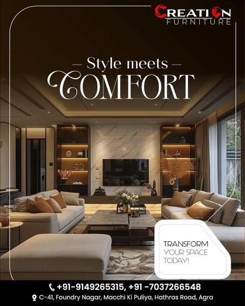 A sophisticated lifestyle ad for a luxury sofa set, emphasizing interior design aesthetics and an aspirational living room environment.