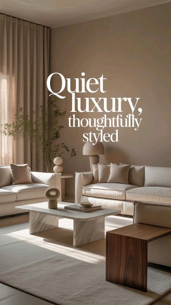A high-end 9:16 vertical composition featuring a modern sofa, marble coffee table, and soft beige palette to evoke an aspirational lifestyle.