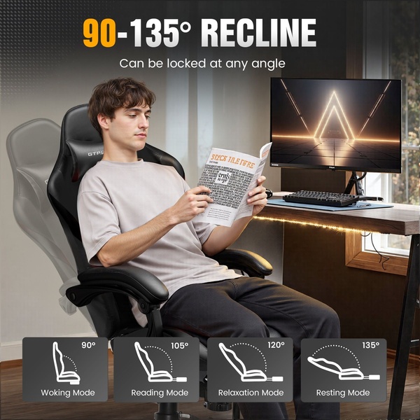 A square-ratio ad showing a user testing a gaming chair's recline functionality, paired with a visual breakdown of four distinct ergonomic modes.