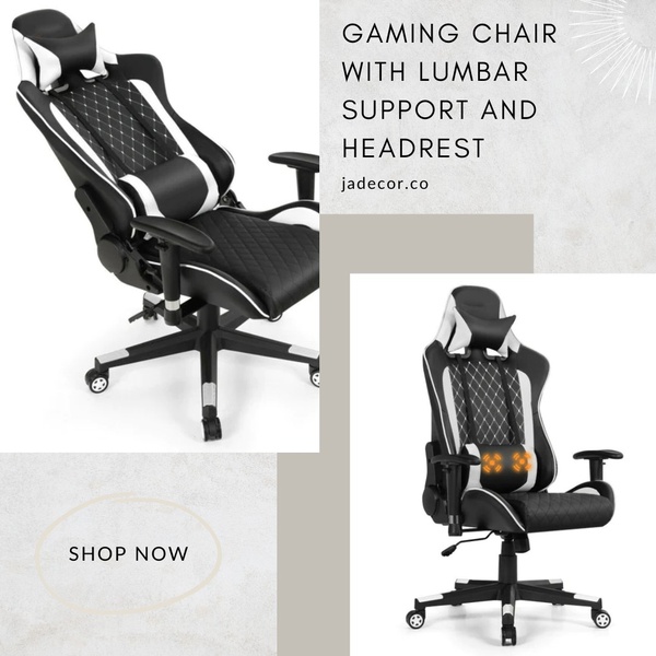A clean, dual-panel display of a high-back ergonomic gaming chair highlighting lumbar support and headrest functionality.