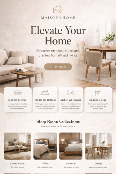 A sophisticated furniture advertisement featuring a hero lifestyle shot followed by a segmented grid structure categorizing living, bedroom, office, and dining spaces.