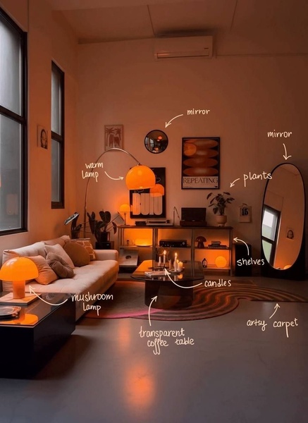 An annotated photograph of a stylish living room featuring a mushroom lamp, warm lighting, and minimalist decor, designed to evoke a cozy mood.