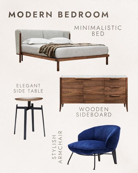 A clean, minimalist furniture layout showcasing a bedroom set featuring a bed, side table, sideboard, and armchair.