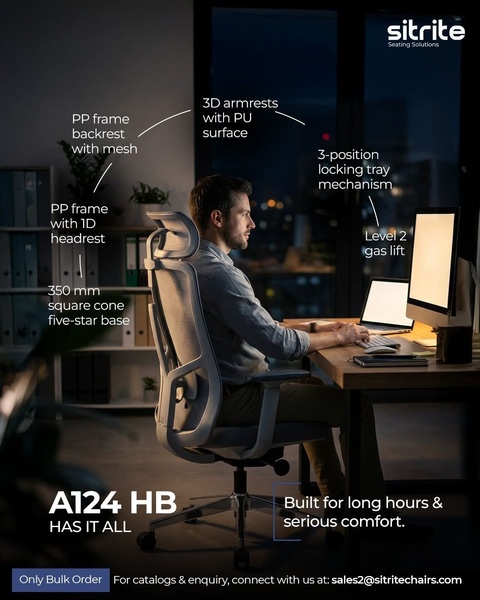 A high-contrast, informative ad creative for an office chair that uses direct lines and callouts to highlight specific ergonomic components and comfort features.