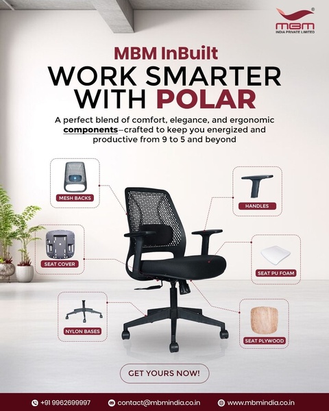 A clean, clinical presentation of an office chair showing its specific ergonomic components through a diagrammatic layout.