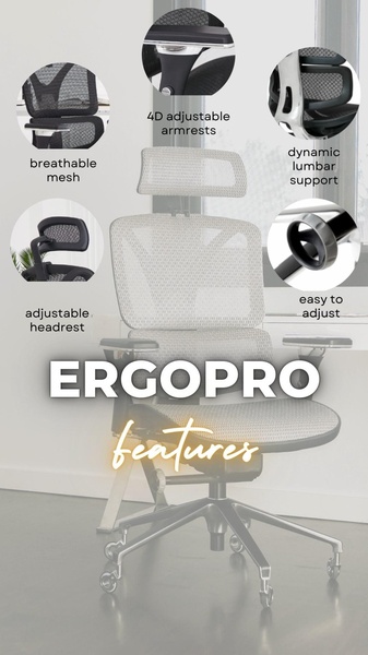 A vertical 9:16 layout showcasing key ergonomic features of an office chair through annotated zoom-in circles.