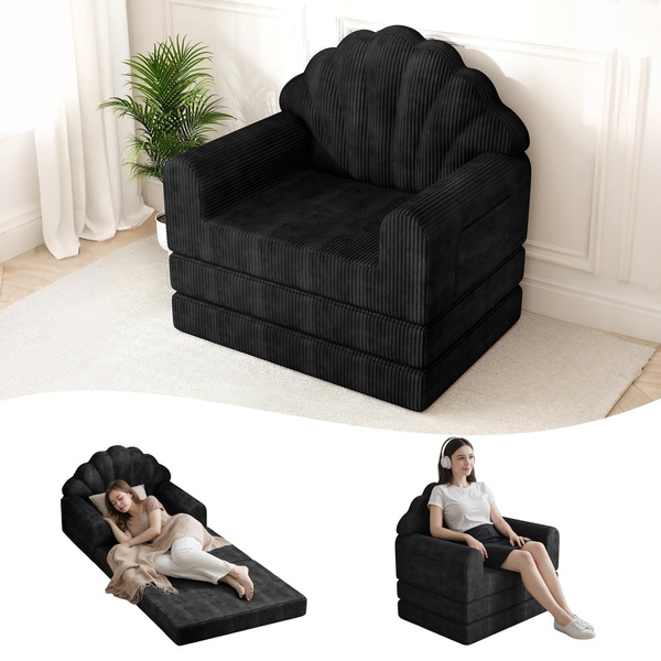 A split-view image showing a convertible floor chair in its folded seat position and its fully extended sleeper configuration with a user resting.